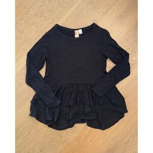 Bobeau Womens Peplum Top Long Sleeve Tiered‎ Chiffon Hem Black Small